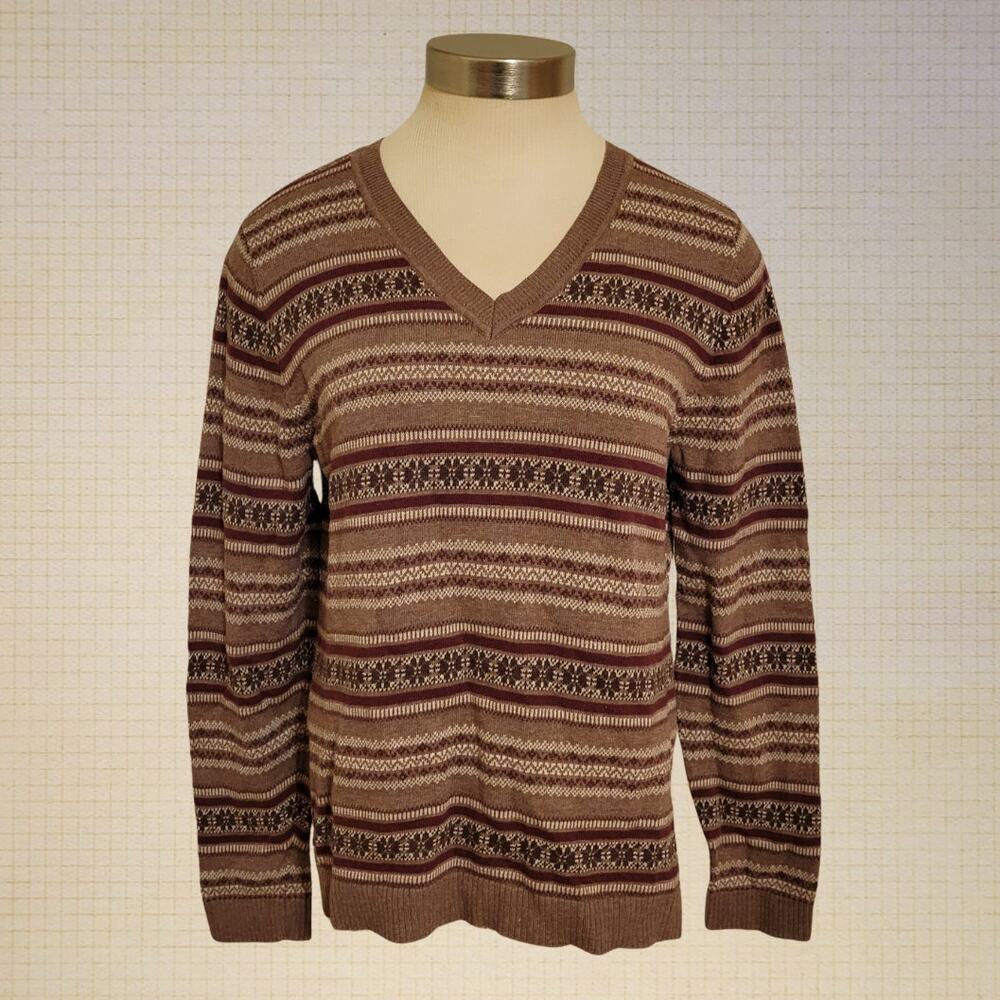 Cottagecore 2000s Croft & Barrow Medium Brown Striped V Neck Sweater Stretchy